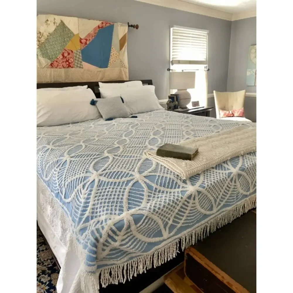 Vintage Blue White Chenille Bedspread 90x96 Full Queen Cottagecore Shabby Chic